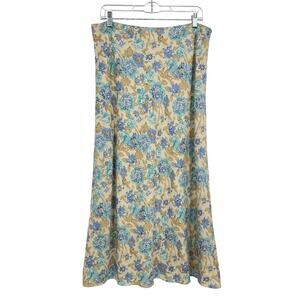 Vintage Villager Midi Skirt Size 12 Linen Floral Fairy Beige Blue Cottagecore
